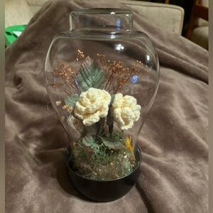 Vintage Elegant Glass Dome with Yellow crochet Floral Arrangement